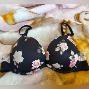PINK Victoria's Secret Black Bra with Pink Floral Design